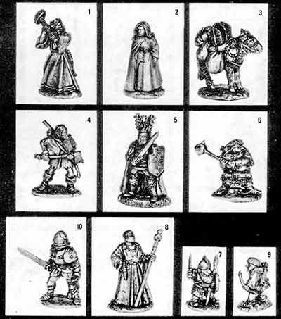 1. Branowen the Druid, 2. Diann the Girl thief,<br>3. Pebble the Pack Donkey, 4. Rookbrow the Ranger,<br>5. Sir Pellinor - The Golden Paladin, 6. Drambuin the Dwarf,<br>7. Noramund the Gnome, 8. Andriel the Elf Wizard,<br>9. Halwise the Halfling, 10. Agravaan the Fighter