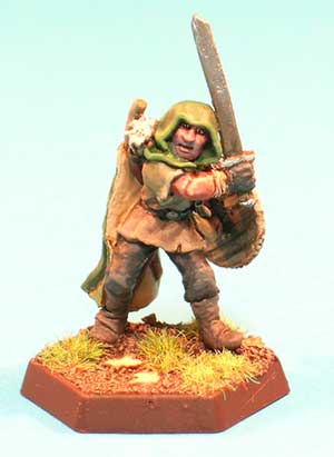 Pose 1. This is the low-level character, unarmoured and wielding a plain longsword. He has a longbow and a quiver of arrows hidden beneath his hooded cloak.