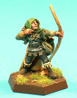 Pose 2. This character wears a chainmail hauberk, and has acquired better quality clothing and a more ornate longsword. He is shown aiming his longbow.