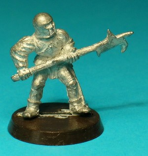 Pose 2. This figure wears a steel breastplate over loose clothing, and a barbuta-style helmet. He wields a bill poleaxe. His slotta-tab reads 'Billman'.