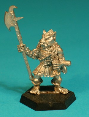 Pose 3, variant D. This variant is again bare-headed, with a ragged haircut with a straggly ponytail. His polearm is a guisarme, with a hooked axe-blade on the far side, a short spike on the nearside, and a curved top hook. The Gnoll has a wide dog-like face with a short muzzle, and a closed mouth with protruding upper fangs and his tongue sticking out on the left side. His head is level and he looks slightly right. He wears no earrings.