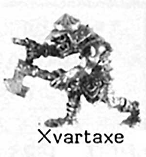 Xvart with Axe, variant A.This is another large Xvart, wielding and axe in his left hand and pointing with his right. This particular variant wears a conical helmet with a spiked top, a plain steel rim and chainmail cheekguards and neckguard. His mouth is partly open in a toothy grimace and he wears a plain ring through his nose.