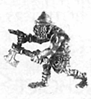 Xvart with Axe, variant B. This variant wears a helmet with a conical, fluted top, a pointed, beak-like peak and a wide, rivetted neckguard. His wide mouth is open in a toothy smile.